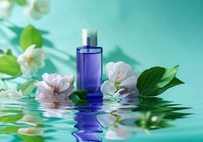 AI generated Serene Spa Setting With Blue Glass Bottle and White Blossoms on Water Surface photo