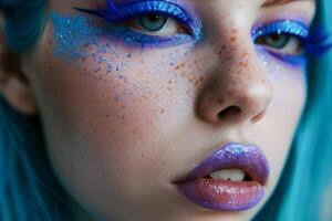 ai generado mujer con azul maquillaje y pecas foto