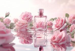 AI generated Elegant Perfume Bottle Surrounded by Pink Roses and Petals on a Reflective Surface photo