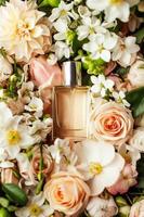 AI generated Elegant Perfume Bottle Surrounded by Vibrant Spring Flowers and Lush Greenery photo