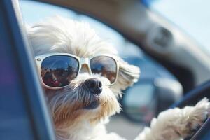 AI generated Stylish Dog Wearing Blue Sunglasses Leaning Out Of A Car Window On A Sunny Day photo