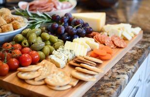 AI generated Gourmet Cheese and Charcuterie Board Featuring Diverse Selection for Elegant Entertaining photo