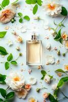 AI generated Elegant Perfume Bottle Surrounded by Fresh Spring Flowers on White Background photo