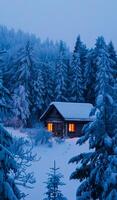 AI generated Twilight Serenity at a Snow-Covered Cabin in a Winter Forest photo