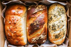 AI generated Assorted Freshly Baked Bread in a Cardboard Box, Displaying Various Seeds and Crusts photo