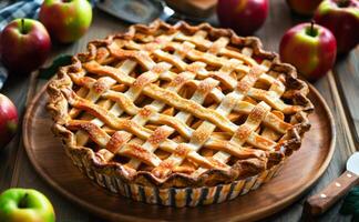 AI generated Freshly Baked Apple Pie With Golden Brown Lattice Crust on Wooden Table photo