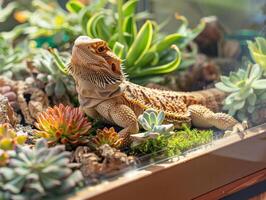 AI generated Bearded Dragon Amidst Succulents photo