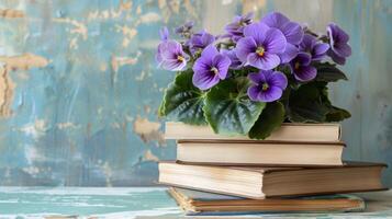 AI generated African Violets on Antique Books photo