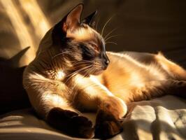 ai generado siamés gato tomando el sol en luz de sol foto