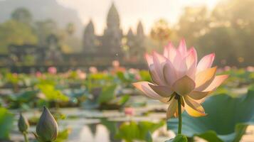 AI generated Lotus Blossoms At Ancient Temple photo