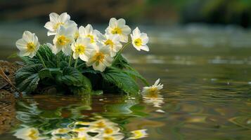 ai generado prímulas floreciente por agua foto