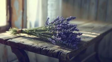 ai generado lavanda ramo de flores en rústico mesa foto