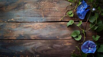 AI generated Morning Glory Flowers Wooden Backdrop photo