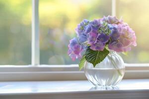 AI generated Hydrangeas in Sunlit Glass Vase photo