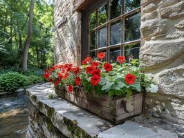 AI generated Red Geraniums On Stone Window Ledge photo
