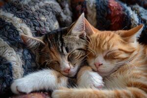 ai generado calicó y jengibre gatos siesta foto