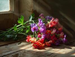 AI generated Sunlit Sweet Peas On Wooden Surface photo