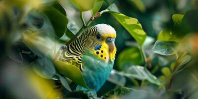 AI generated Budgerigar Hiding Among Leaves photo