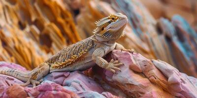 AI generated Bearded Dragon On Colorful Rocks photo