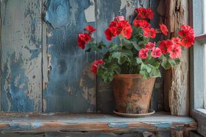 AI generated Rustic Geraniums Wooden Background photo