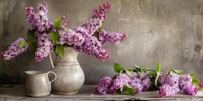 ai generado lilas en rústico florero todavía vida foto