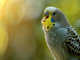 AI generated Budgerigar Vocalizing Amongst Foliage photo