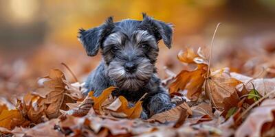 AI generated Puppy In Autumn Leaves photo