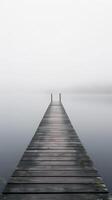 ai generado brumoso lago con de madera muelle foto