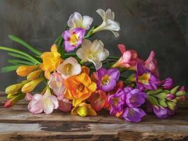 AI generated Colorful Freesia Bunch on Wood photo