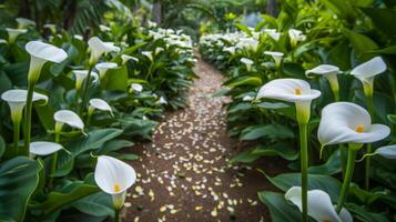 ai generado calla lirios camino jardín foto