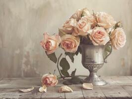 AI generated Vintage Roses in Silver Trophy Vase photo