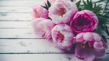 AI generated Pic Stunning pink peonies on white rustic wooden background, vintage haze photo