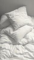 AI generated Relaxed vibes Messy white bedding sheets and pillows in monochrome Vertical Mobile Wallpaper photo