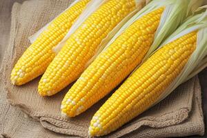 AI generated Group of corn on a brown cloth bag, side view photo