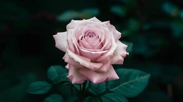 AI generated StockPhoto Close up of delicate single purple rose against dark background, beautiful photo