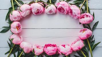 AI generated Frame Stunning pink peonies arranged on white rustic wooden background photo