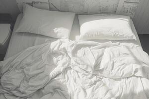 AI generated Cozy chaos Messy white bedding sheets and pillows, black and white photo