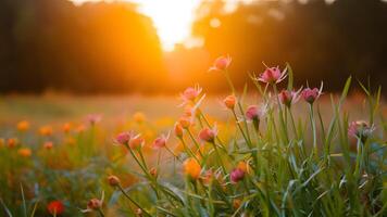 AI generated Blurred autumn summer nature background with flowers field and sunset photo