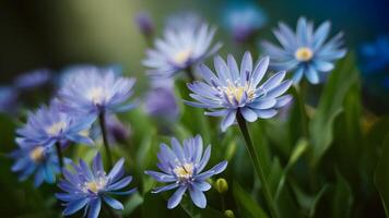 AI generated Defocused setting creates gentle backdrop for fantasy blue flowers photo