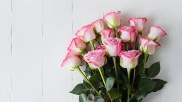 AI generated Graceful bouquet of pink roses against a pristine white backdrop photo