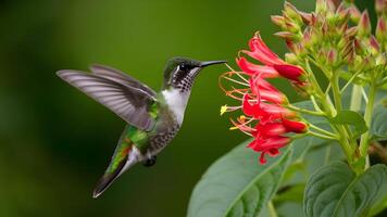 ai generado agraciado colibrí disfruta néctar desde un mariposa arbusto foto