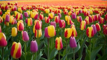 AI generated Picture Colorful tulip flowers create pattern on spring garden background texture photo