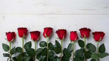 ai generado elegante frontera de pocos rojo rosas en contra prístino blanco fondo foto