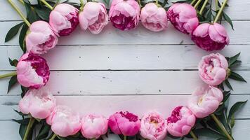 AI generated Frame Stunning pink peonies arranged on white rustic wooden background photo