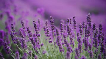 AI generated Lavender blooming fragrant flowers field, closeup violet background, swaying photo