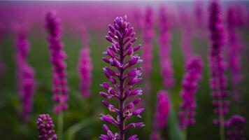 AI generated Purple fluorescent flower stem against blurred field background scene photo