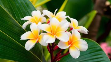 AI generated Banner displays tropical nature background with beautiful frangipani flowers photo