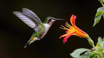 AI generated Ruby throated hummingbird in flight near flower on dark background photo