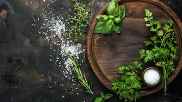 AI generated Round wooden plate with herbs and salt on dark wooden background top view  wooden background photo