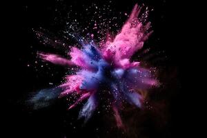 AI generated Colored powder explosion. Abstract closeup dust on backdrop. Colorful explode. Paint holi photo